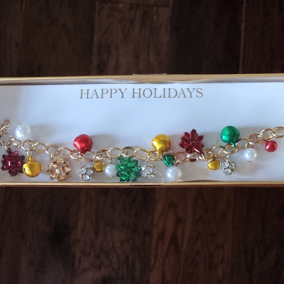 Gold Tone Holiday Christmas Bow Jingle Bell Faux Pearl Crystal Rolo Bracelet 8" - Picture 5 of 6
